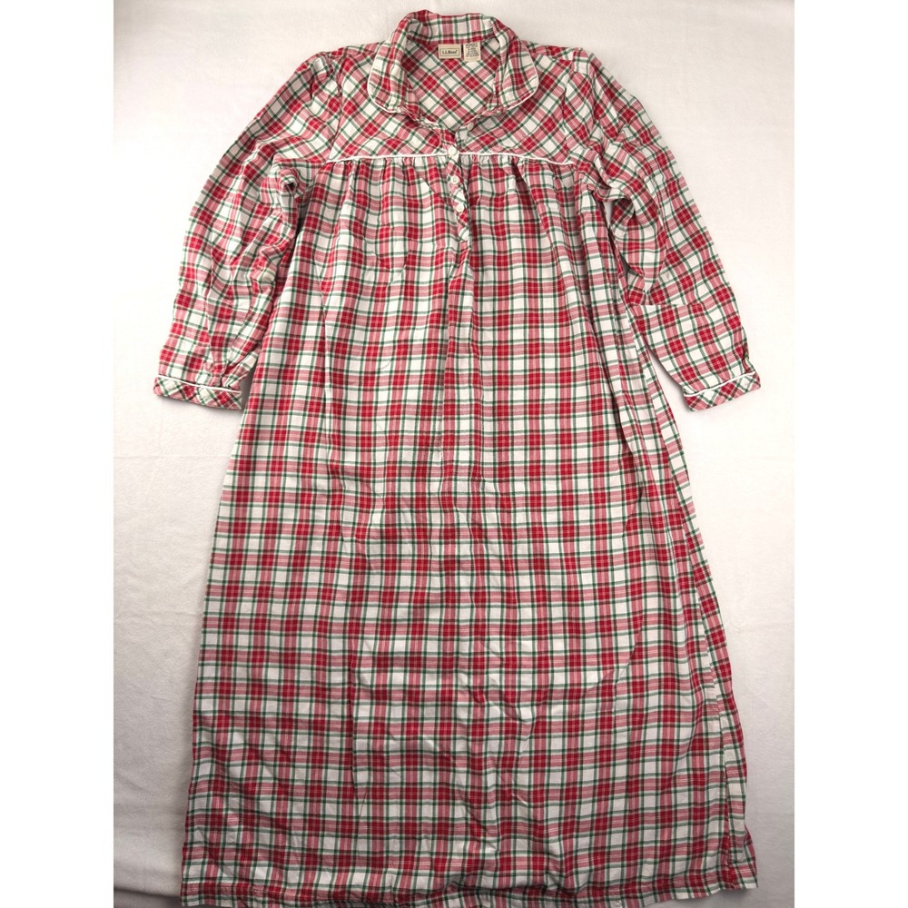 LL Bean Womens Red Green Plaid Cotton Flannel Nightgown Long Sleeve Small S-REG